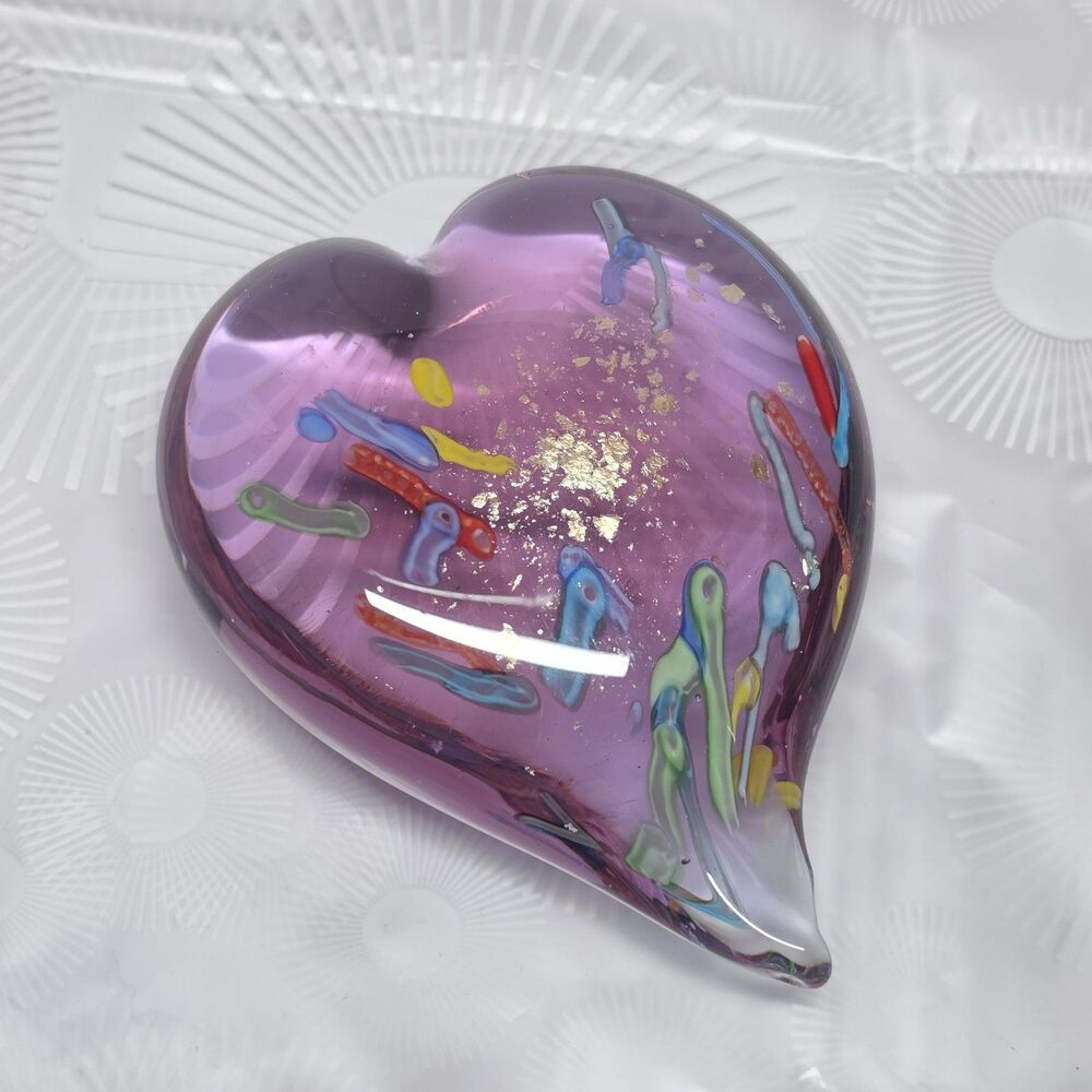Glass Eye Studio Art Glass Heart Paperweight Purple Multicolor Confetti